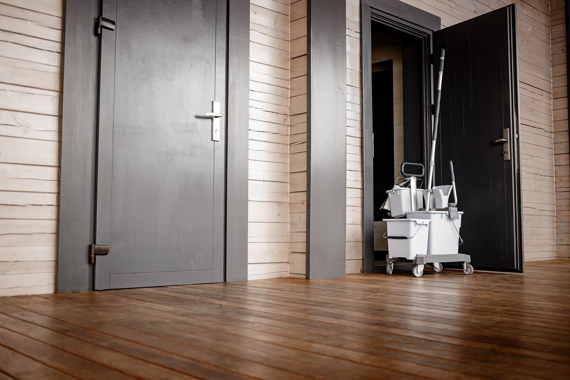 Intérieur d'une pièce avec plancher en bois et portes grises