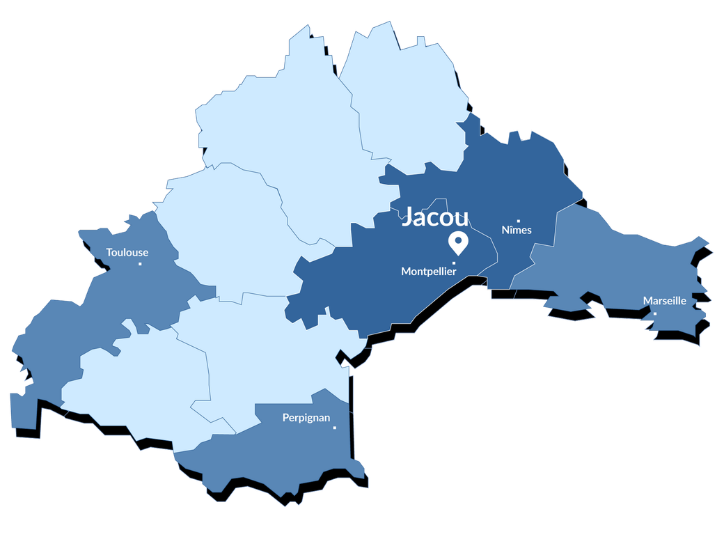 Carte stylisée des départements de l'Hérault et du Gard et de leurs voisins avec Montpellier et Nîmes