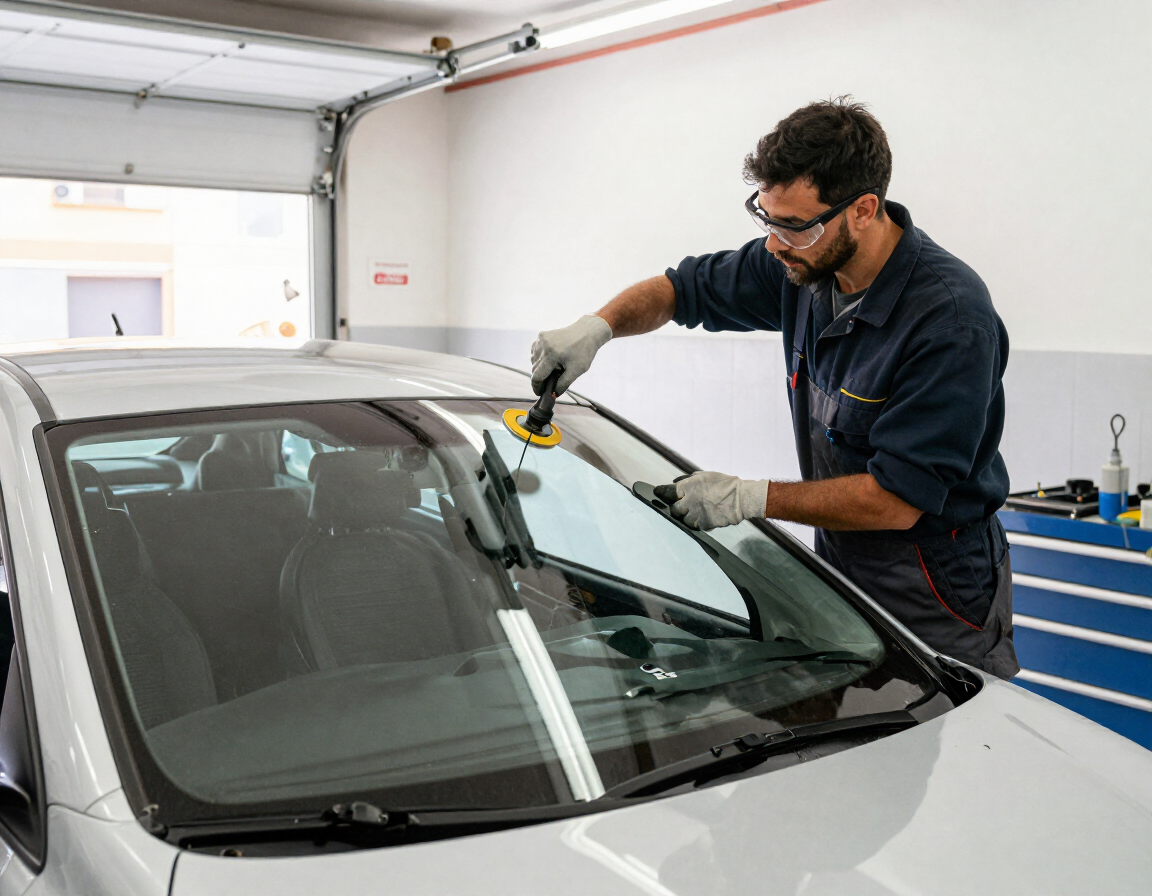 Técnico automotriz reparando el parabrisas de un coche en un taller mecánico