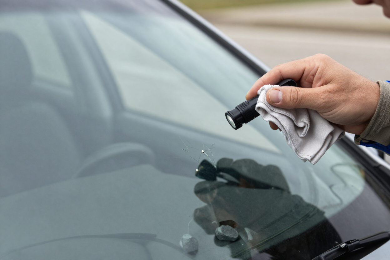 Una mano limpiando el parabrisas de un coche con un paño y un pulverizador