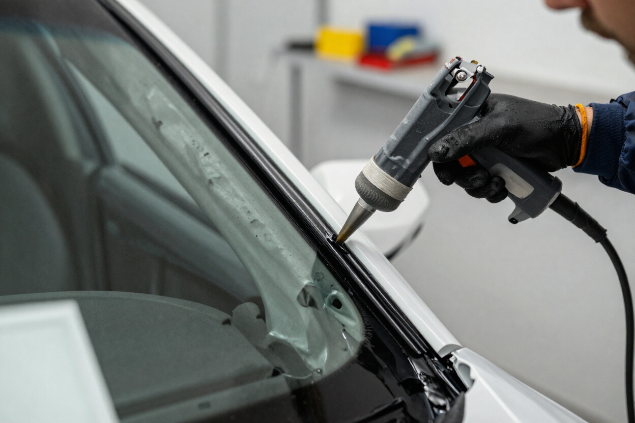 Una persona usando una herramienta eléctrica para reparar el parabrisas de un coche en un taller