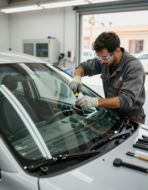 Un técnico reparando el parabrisas de un coche con herramientas en un taller