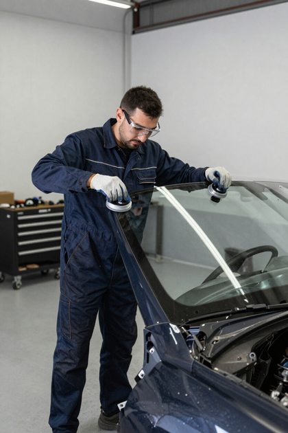 Mecánico con un mono azul trabajando en el parabrisas de un coche en un taller mecánico