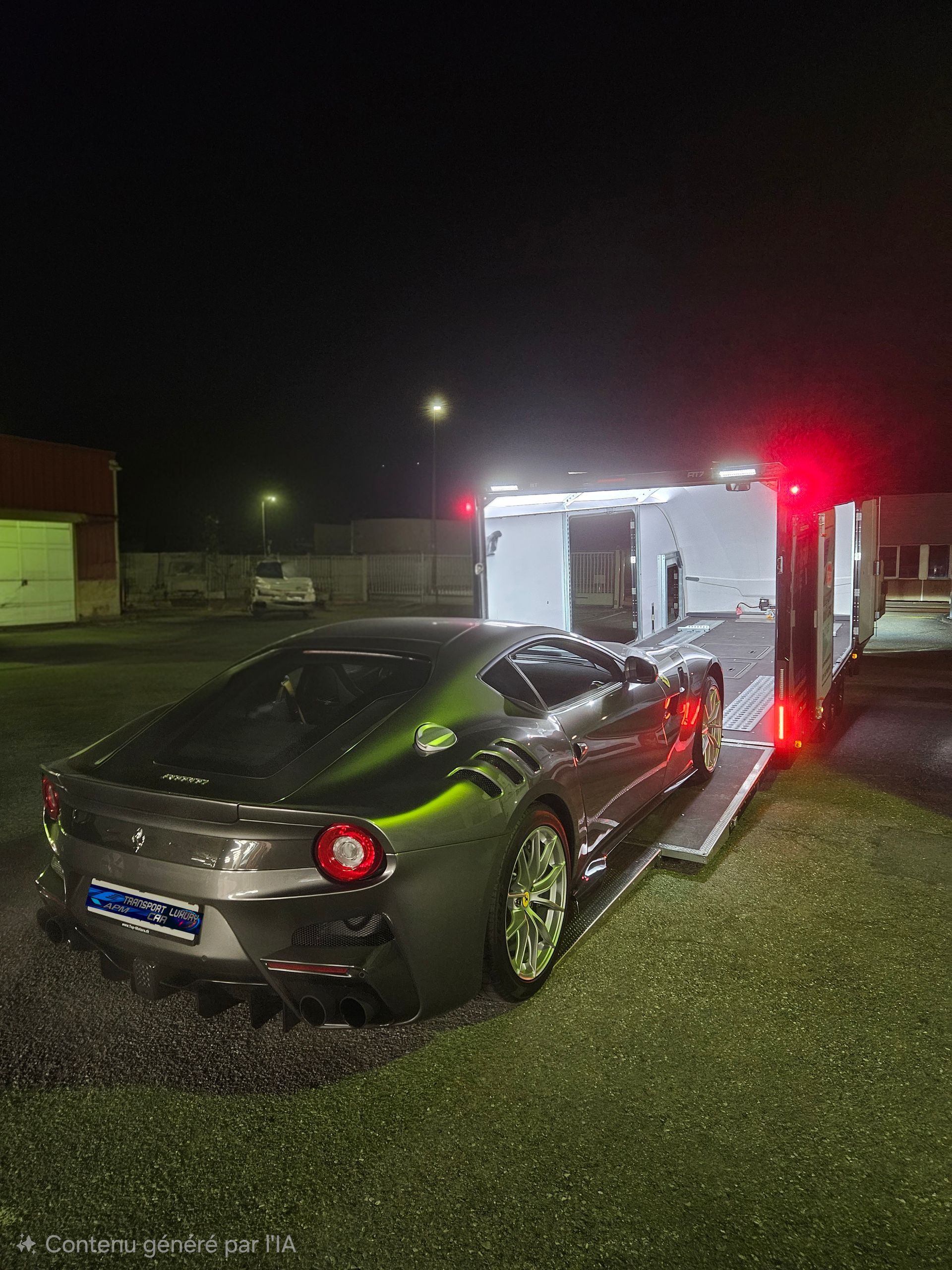 Une voiture de sport gris foncé monte de nuit sur la rampe d'un camion porte-voitures ouvert.