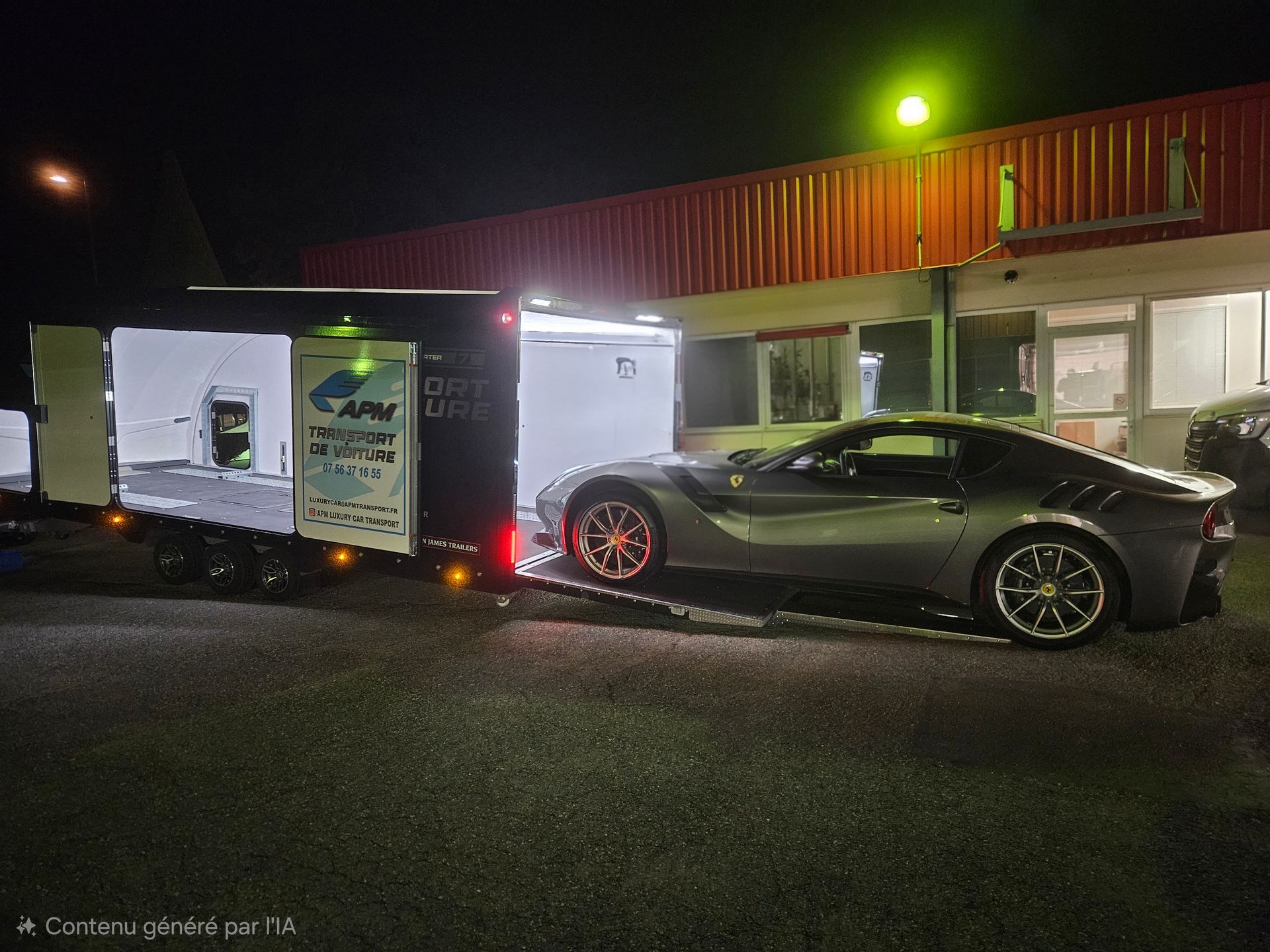 Une Ferrari grise est chargée de nuit sur une remorque sombre devant un bâtiment au bardage métallique rouge.