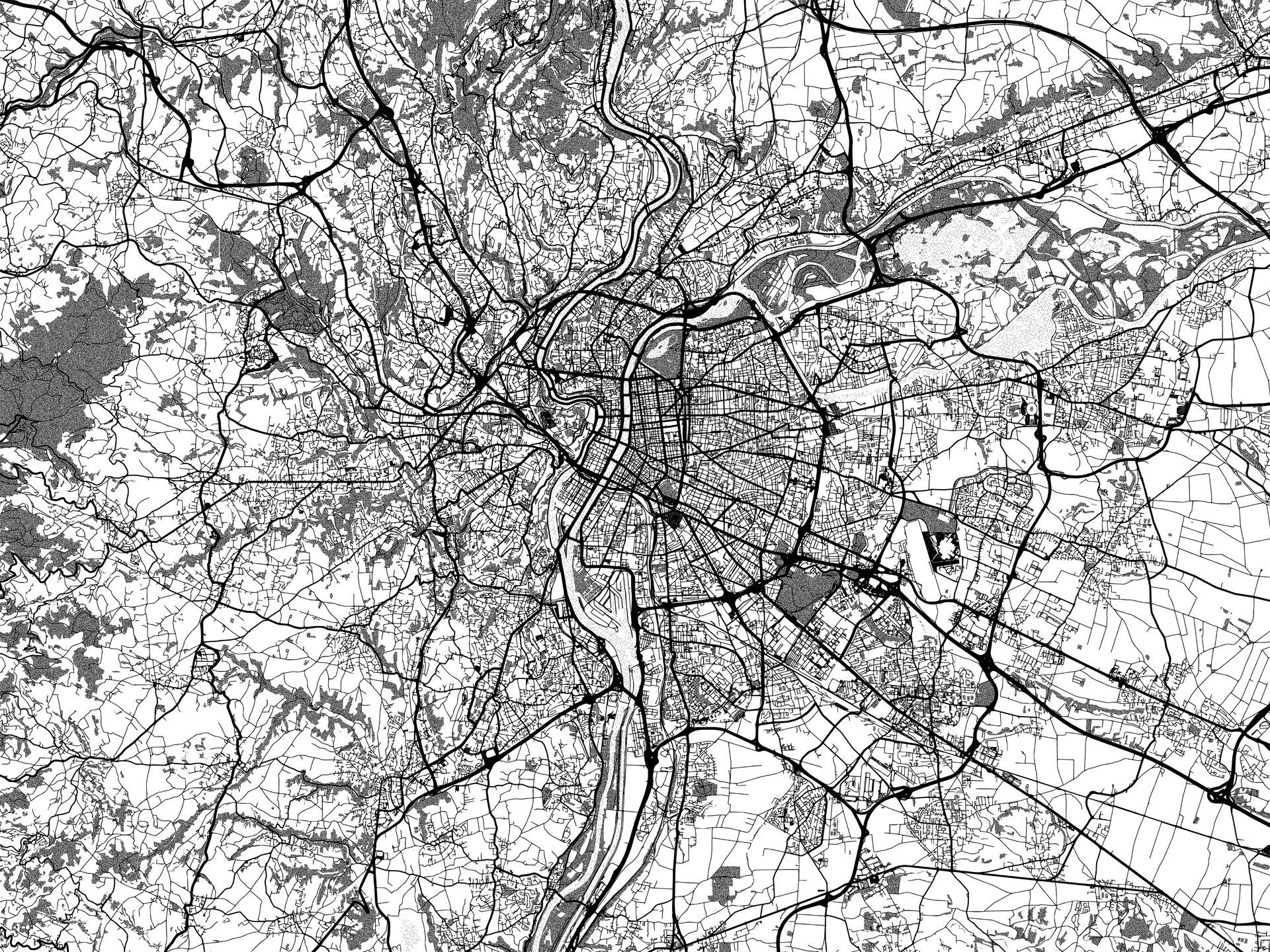 Une carte en noir et blanc montrant un réseau dense de routes, de rivières et d'infrastructures urbaines.