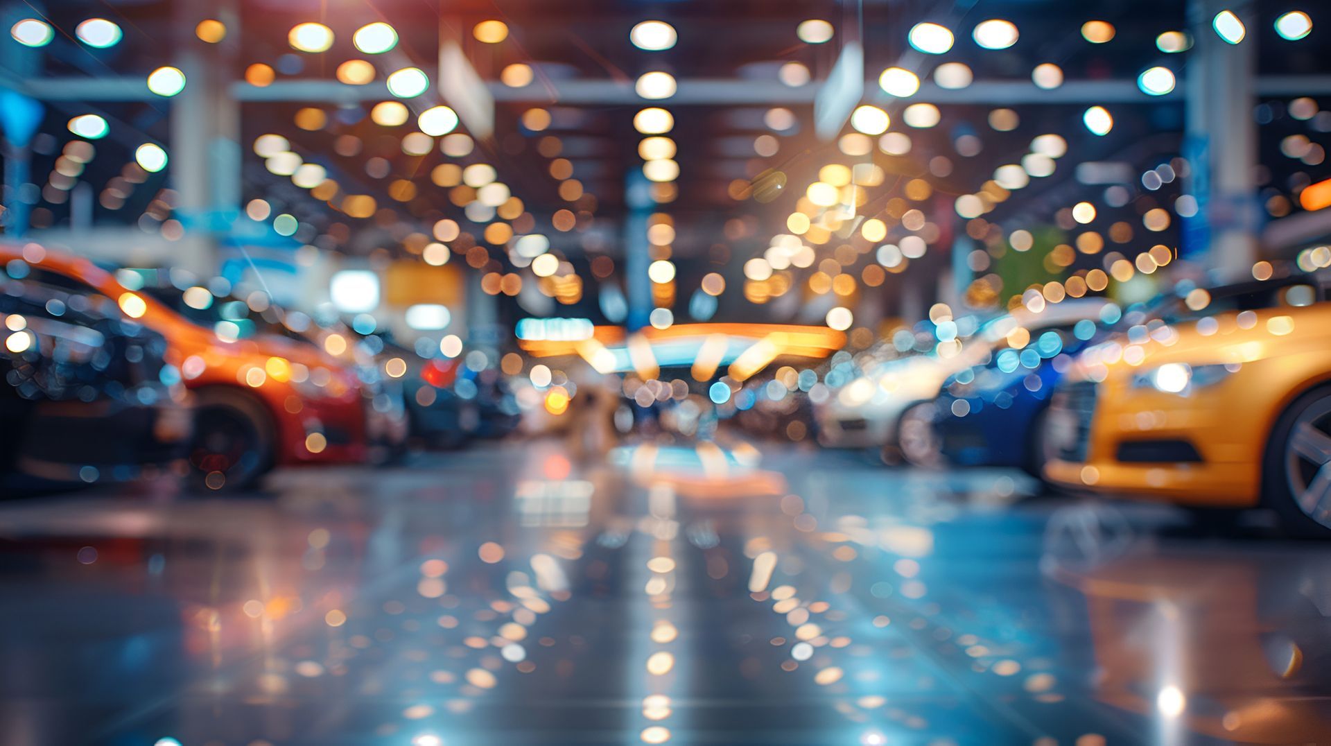 Une photo floue prise en grand angle d'un hall d'exposition automobile baigné de lumière, avec des véhicules garés.
