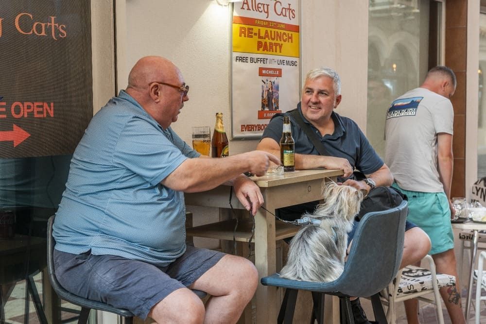 Dos hombres están sentados en una mesa con un perro y bebiendo cerveza.