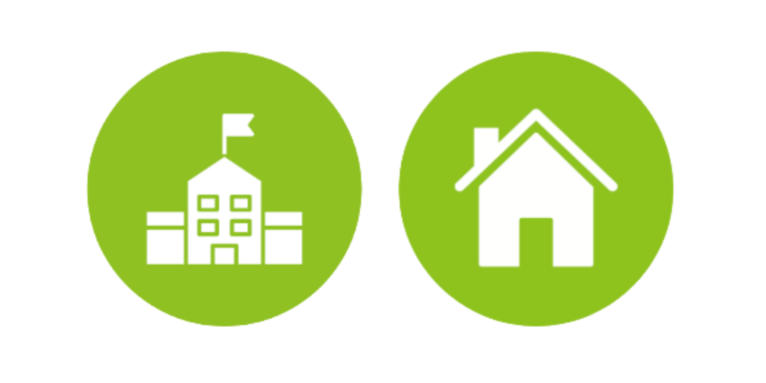 Two green circles: a school building and a house.