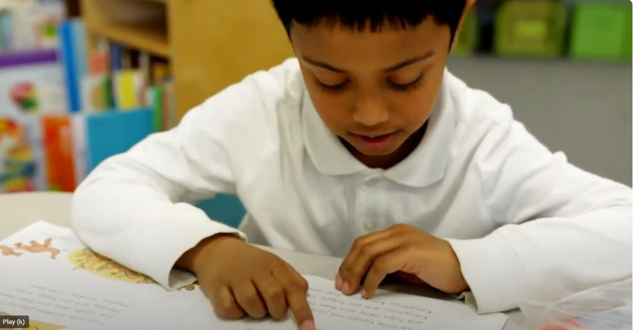 A young boy in a white shirt is reading a book