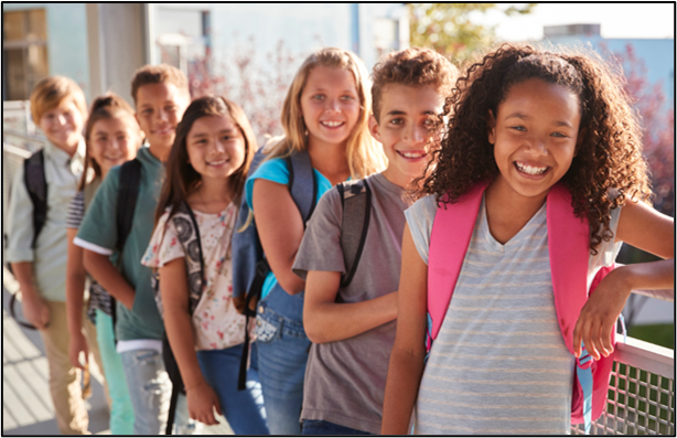 A group of children with backpacks are standing in a line.