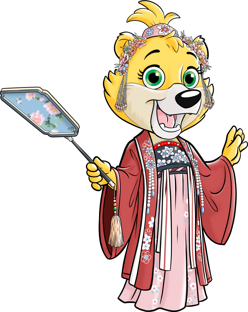 A cartoon tiger is wearing a red and pink dress and holding a fan.