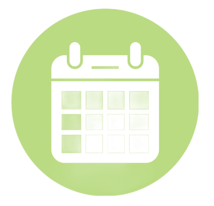 Calendar icon in white on a green circular background.
