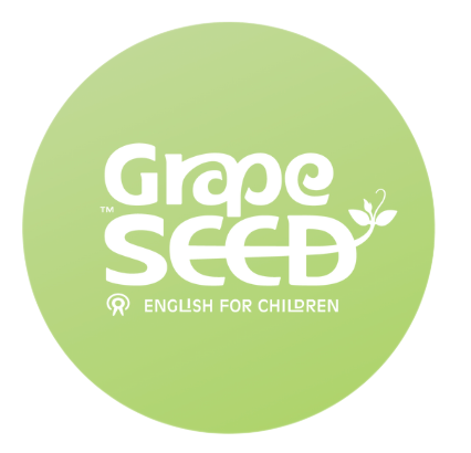 GrapeSEED logo: white text on green circle, English program for children.