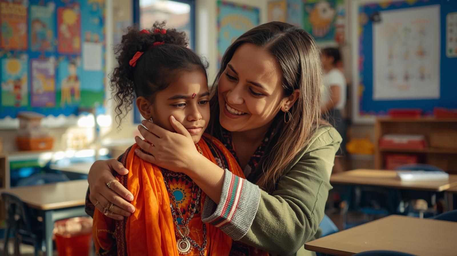 A woman comforts a young girl in a classroom. Girl in orange scarf; woman smiles, touches girl's face.