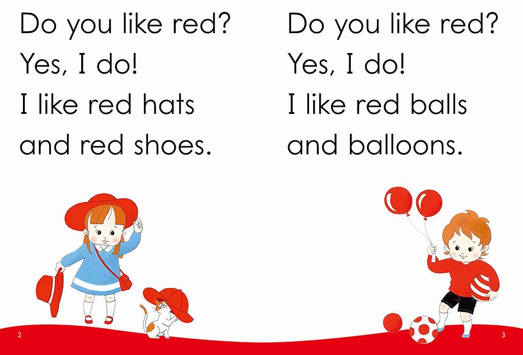 A boy and a girl are playing with red balloons and hats.