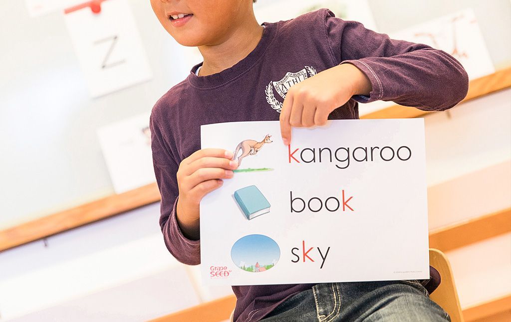 A young boy is holding a sign that says kangaroo book sky