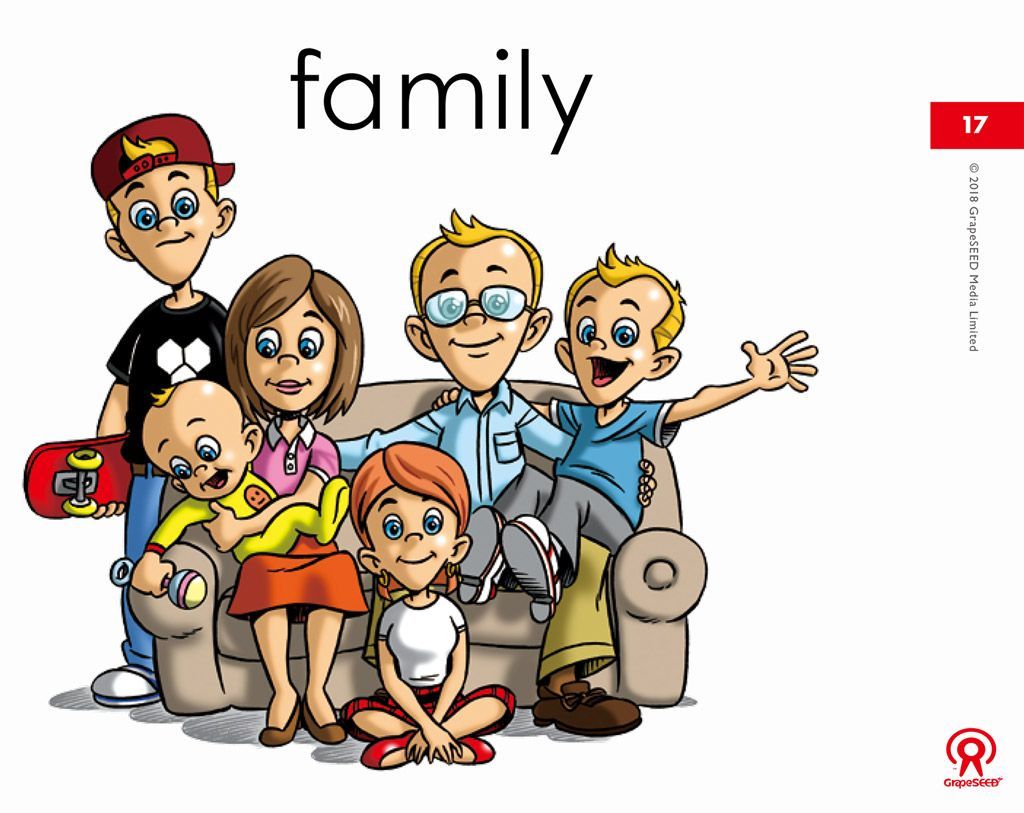 A cartoon of a family sitting on a couch