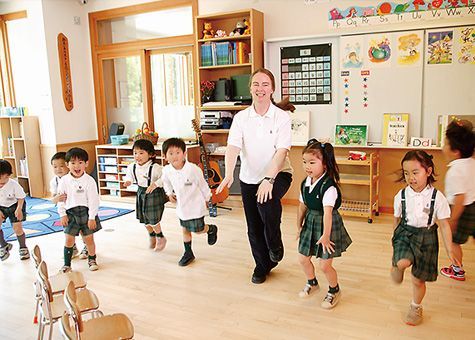 A group of children are dancing in a classroom with a teacher.