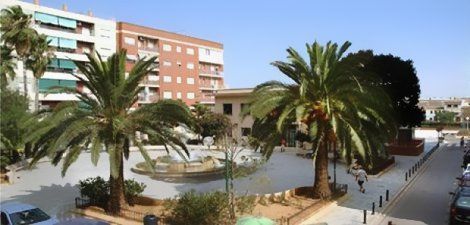 Un parque con palmeras y edificios al fondo.