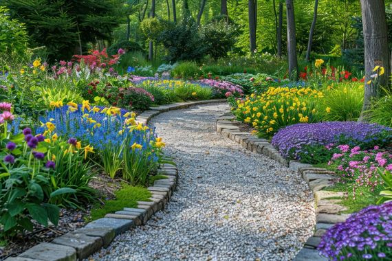 Ein Kiesweg, umgeben von bunten Blumen in einem Garten.