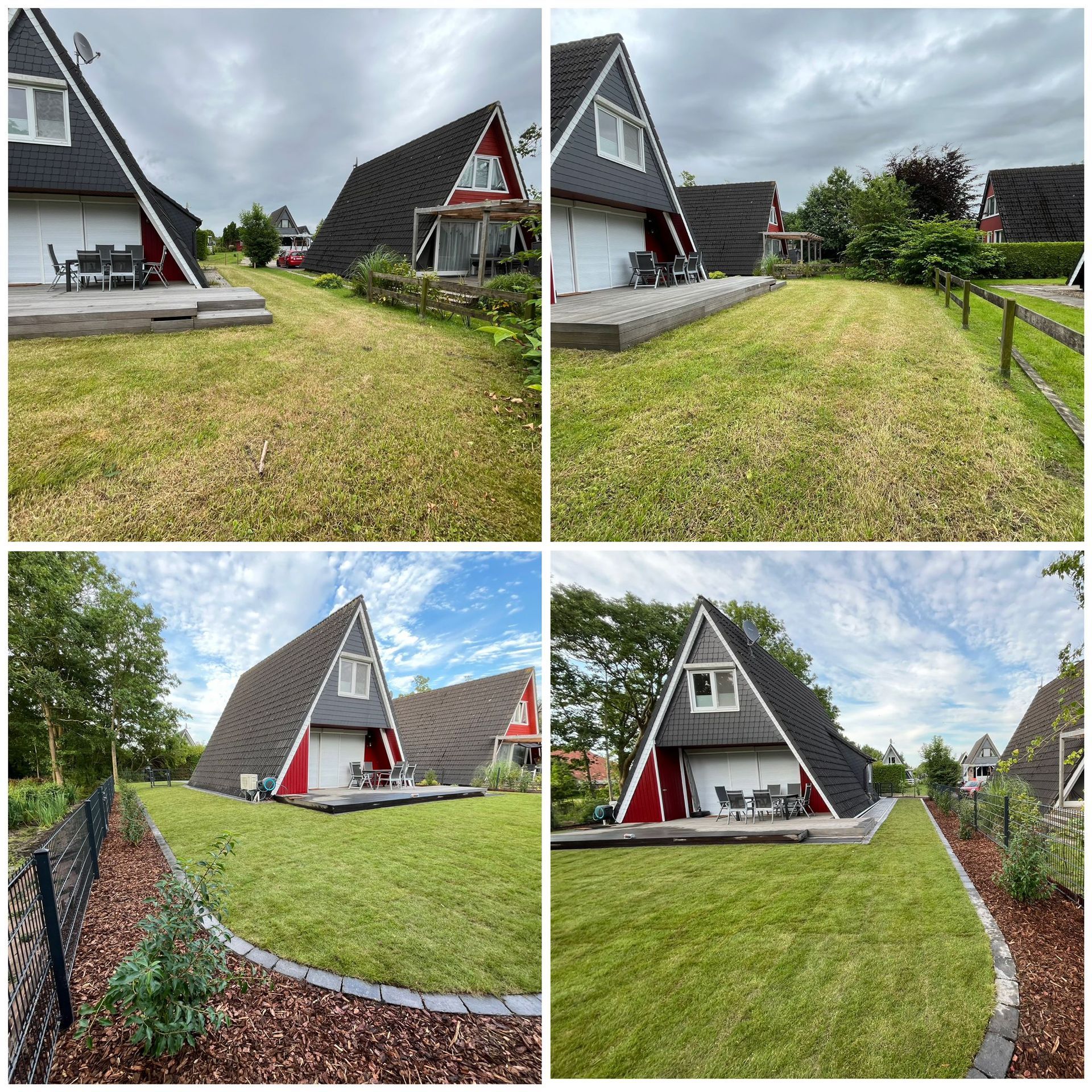 Eine Collage aus vier Bildern von einem Haus und Rasen