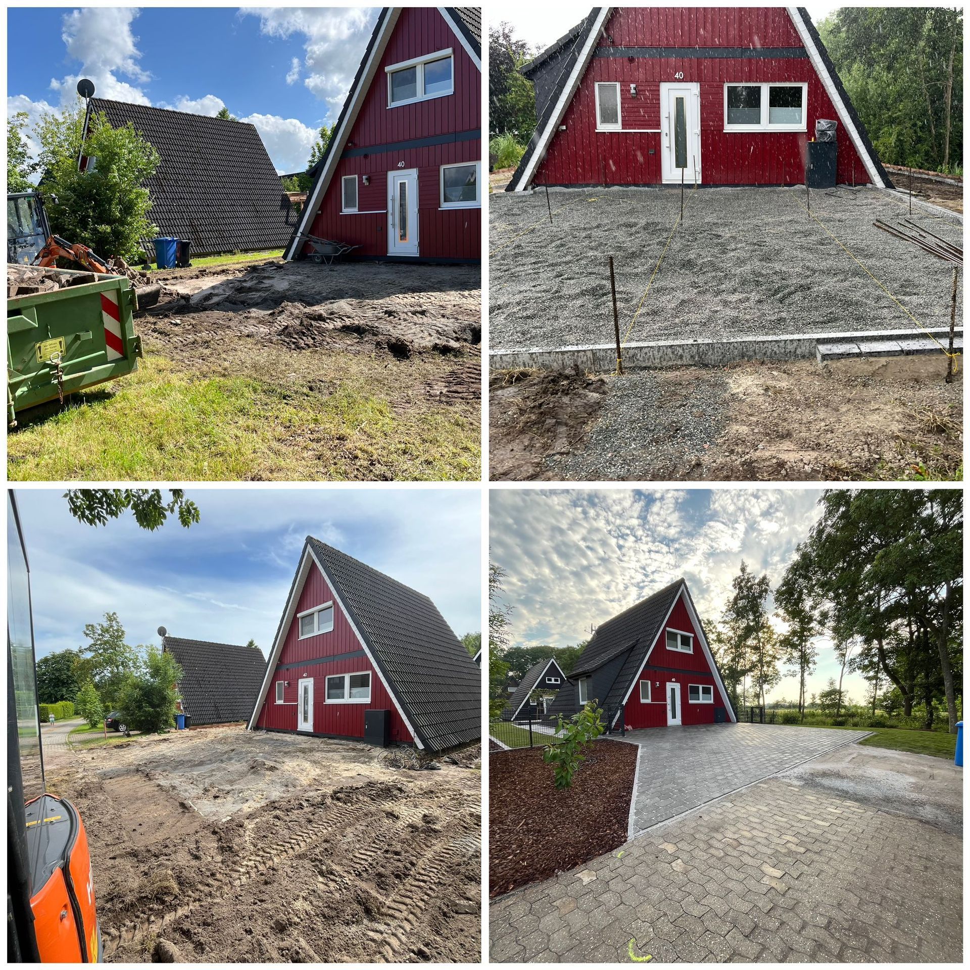 Eine Collage aus vier Bildern eines roten Fachwerkhauses