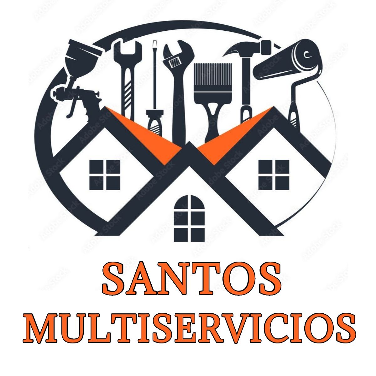 Logotipo: dos casas con herramientas encima, techos naranjas, círculo azul y texto "SANTOS MULTISERVICIOS" en naranja.