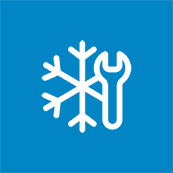 Ein Symbol einer Schneeflocke und eines Schraubenschlüssels auf blauem Hintergrund.