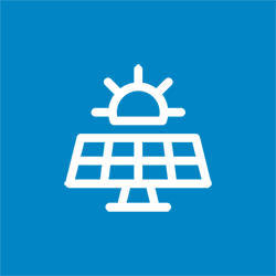Ein weißes Symbol eines Solarpanels mit einer Sonne dahinter auf blauem Hintergrund.