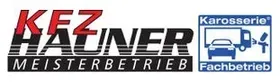 KFZ Hauner Meisterbetrieb logo with Karosserie Fachbetrieb automotive repair icon in red, black, and blue