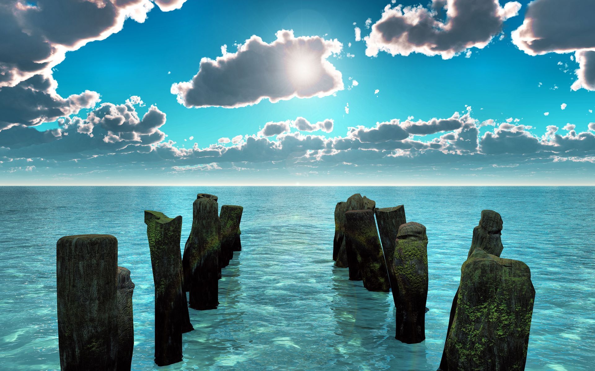 Poteaux dans une eau bleu turquoise