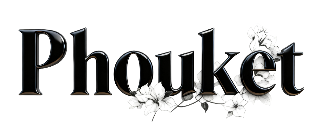 Logo Phouket avec des lettres noires brillantes et des accents floraux.