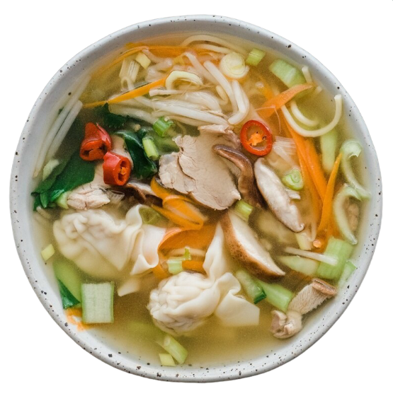 Bol de soupe asiatique avec des raviolis, des légumes et du poulet.