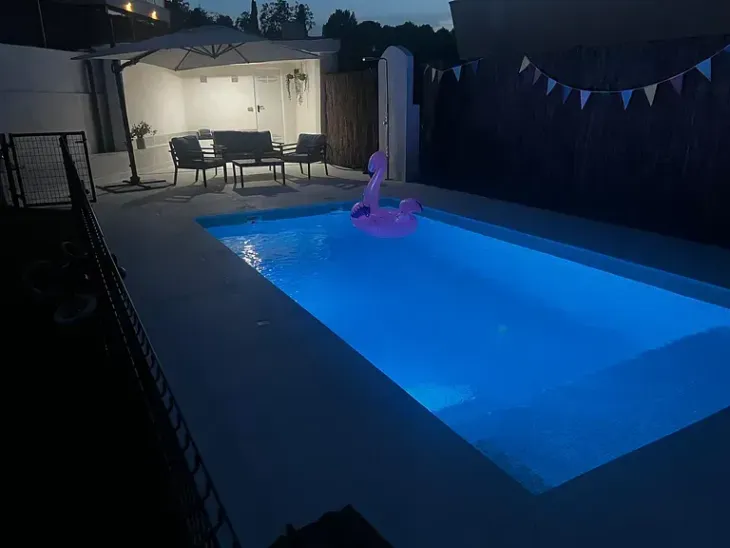 Una piscina con un flamenco rosa flotando en ella.