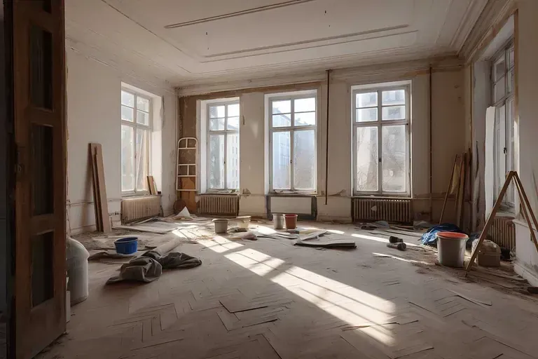 Una habitación vacía con muchas ventanas y muchas herramientas en el suelo.