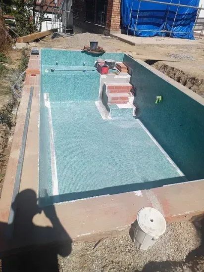 Se está construyendo una gran piscina en un patio trasero.