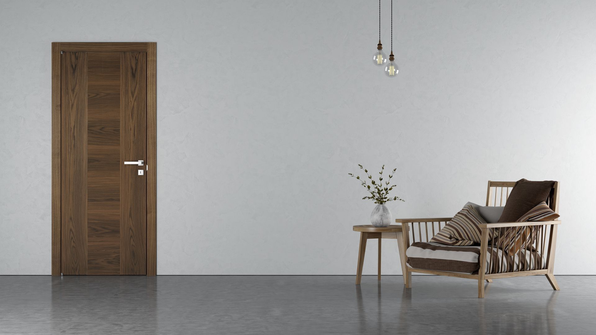 Salon minimaliste avec porte en bois, suspension lumineuse, petite table et fauteuil en osier avec coussin.