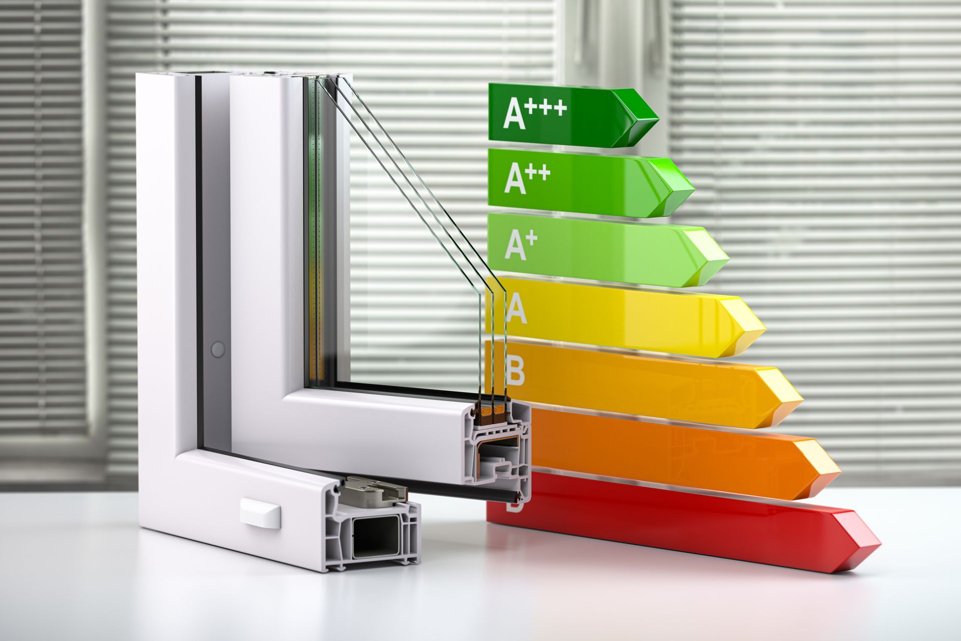 Échelle d'évaluation de l'efficacité énergétique avec des barres colorées de A+++ à G à côté d'une fenêtre.