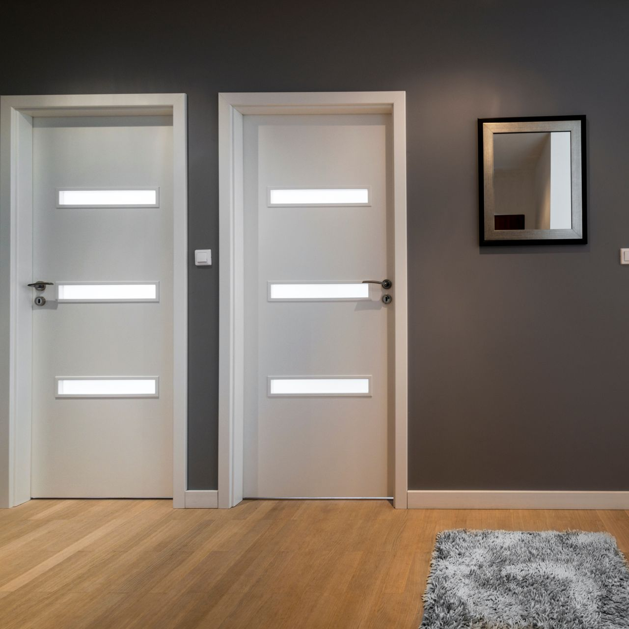 Couloir moderne avec deux portes en verre dépoli, murs gris, parquet et petit miroir mural.