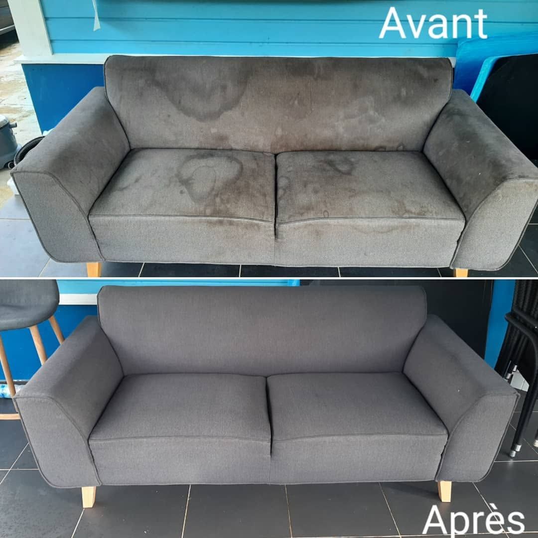 Avant et après le nettoyage du revêtement d'un canapé gris : siège taché, puis propre et rafraîchi.