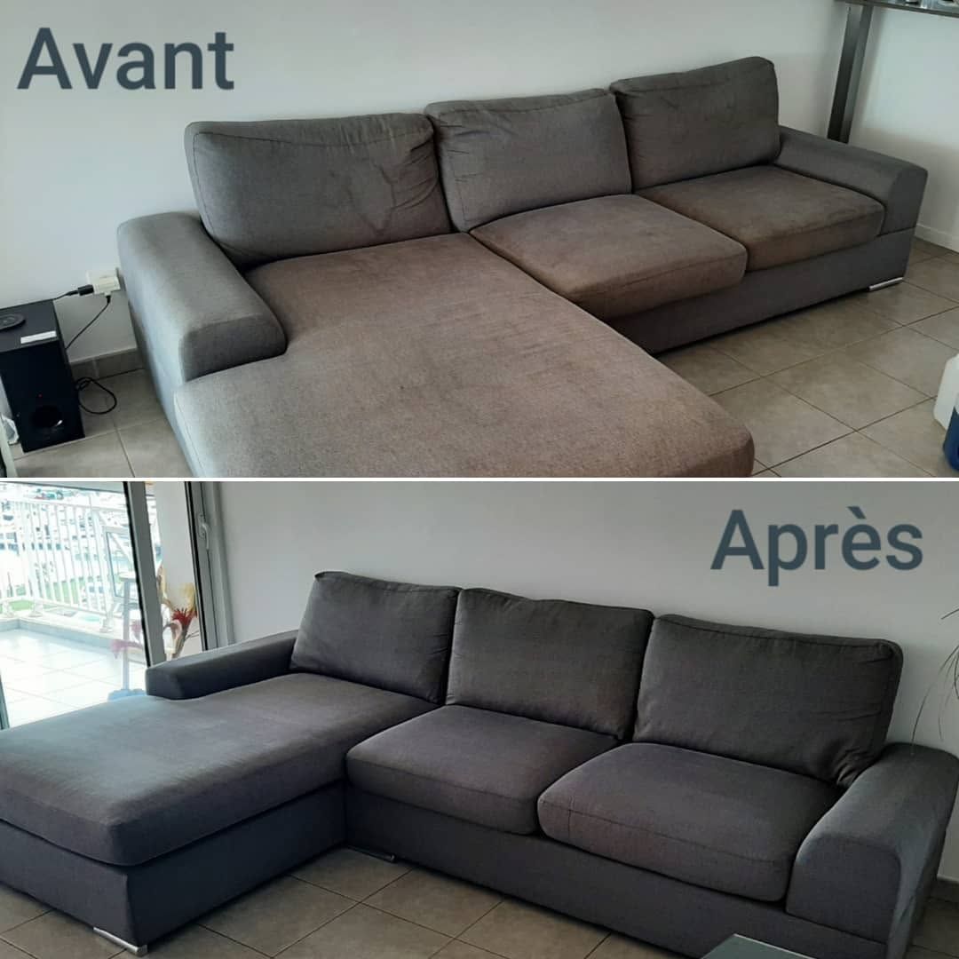 Avant et après la transformation d'un canapé d'angle gris avec méridienne, montrant une disposition plus épurée et plus droite.