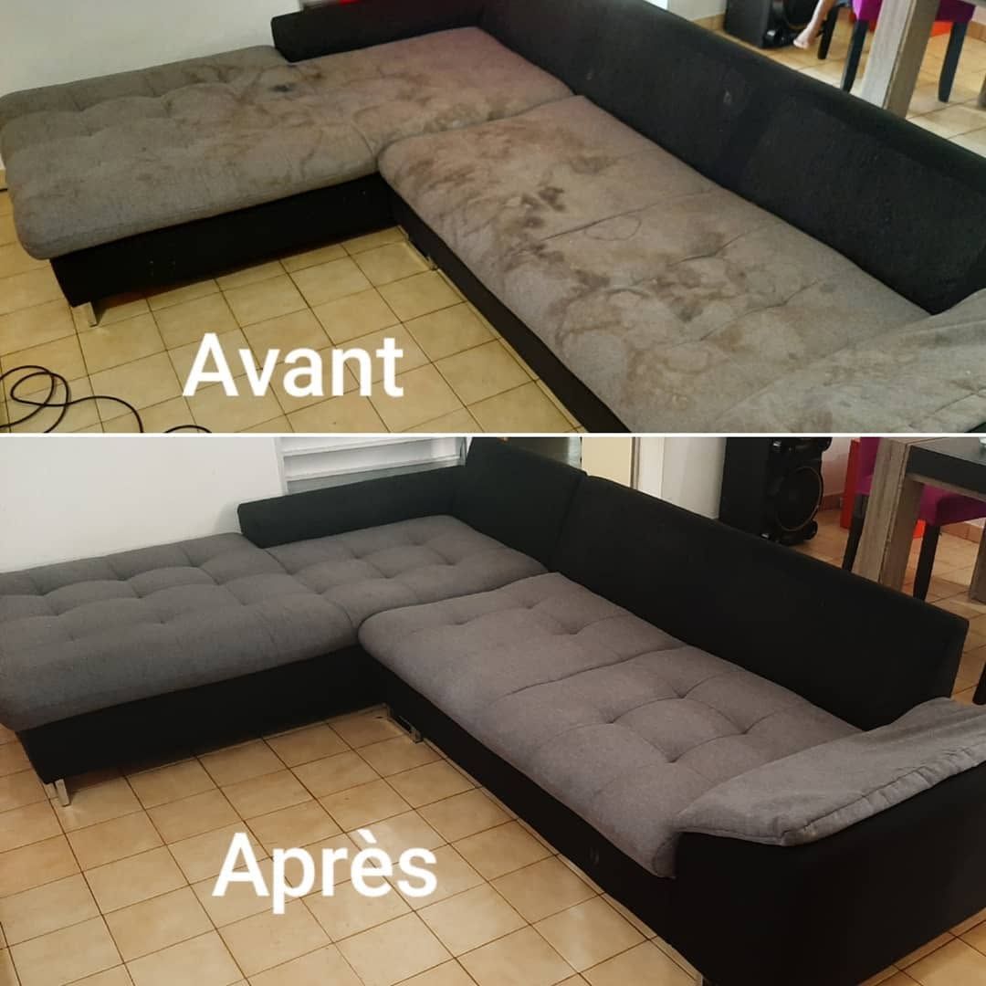 Transformation d'un canapé avant et après : un canapé d'angle gris en forme de L remplace un canapé beige dans une pièce carrelée.