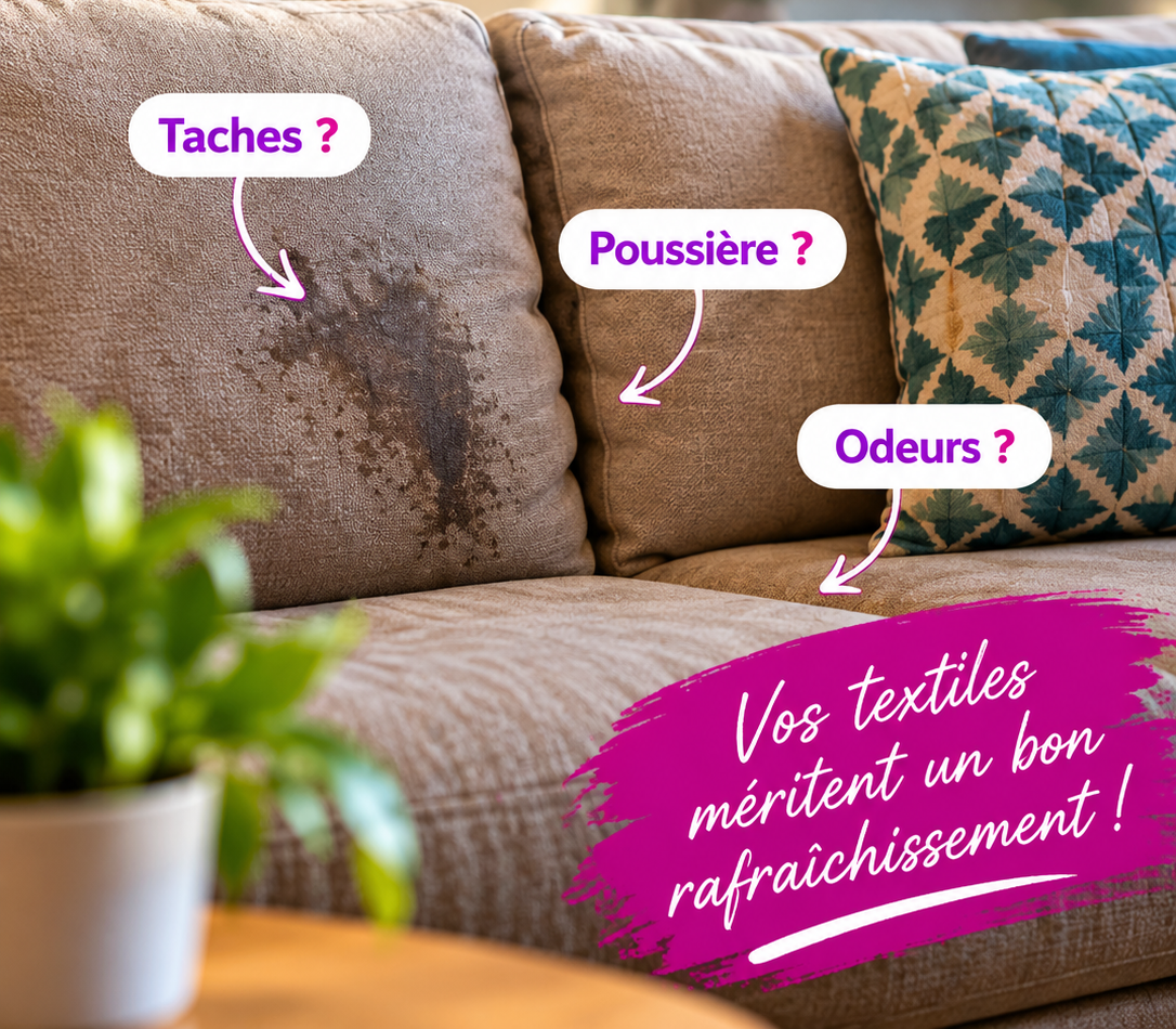Publicité avant/après d’un canapé bleu nettoyé, avec texte Redonnez un éclat neuf à vos canapés et contact.