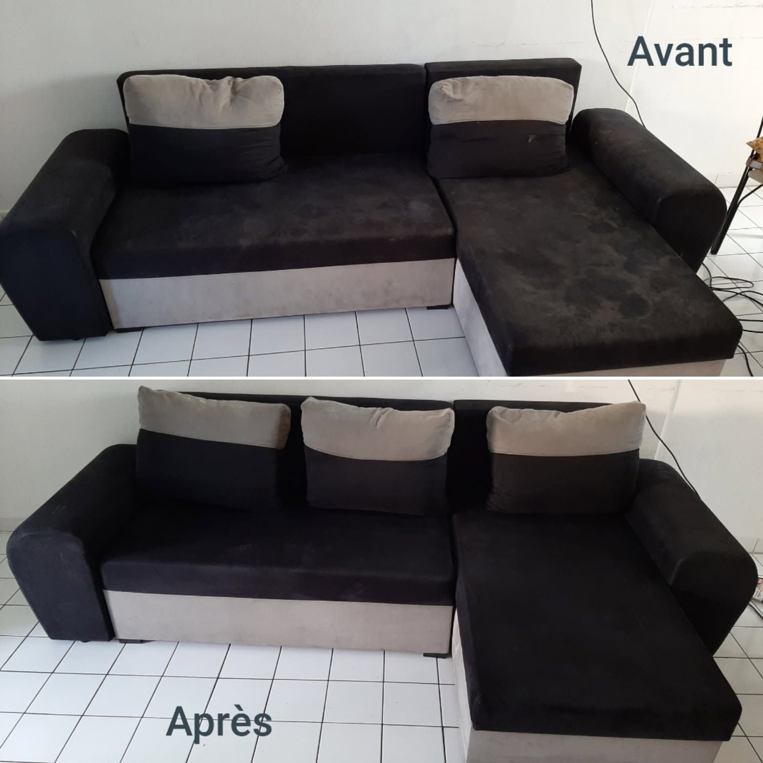 Avant et après le réaménagement d'un canapé d'angle noir et beige dans une pièce carrelée.
