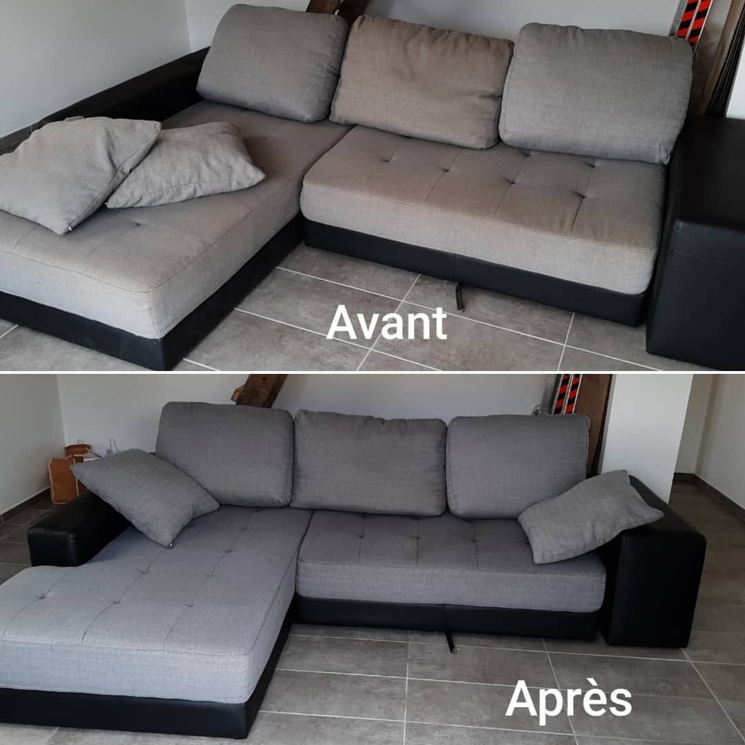 Avant et après d’un canapé gris en angle, coussins réorganisés et accoudoirs noirs ajoutés.