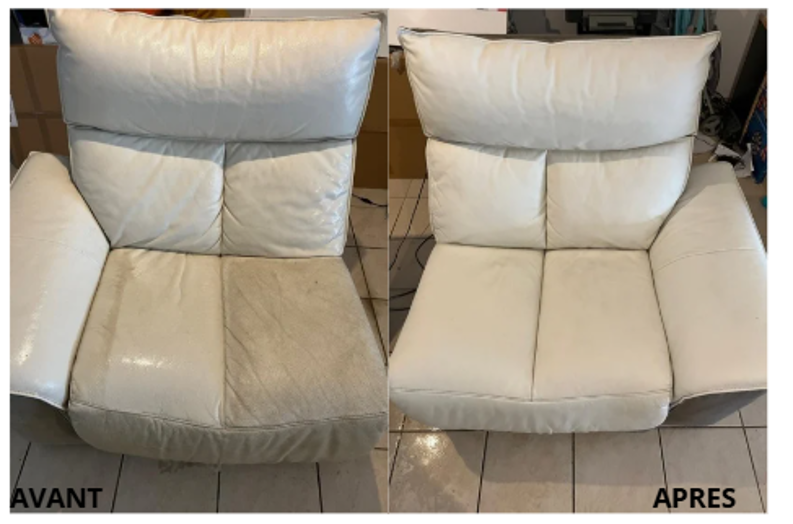 Avant et après la transformation d'un canapé d'angle gris dans un salon, avec une méridienne sur le côté gauche.