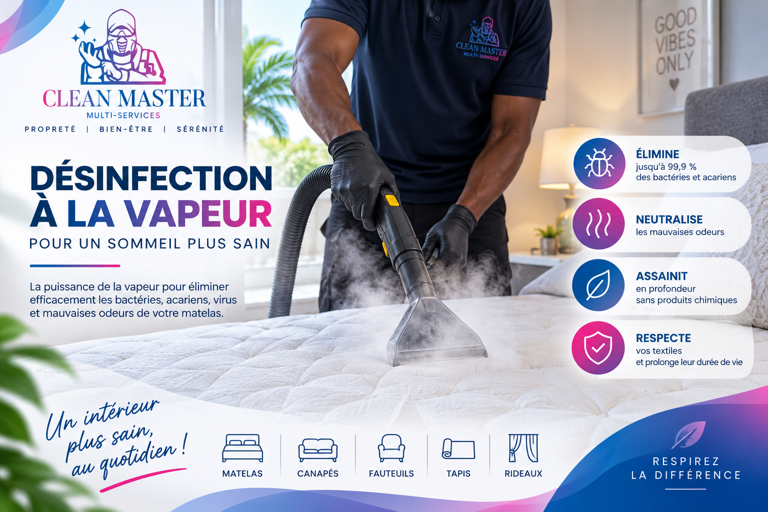 Image publicitaire d'une personne ne train de nettoyer un matelas avec une machine a vapeur