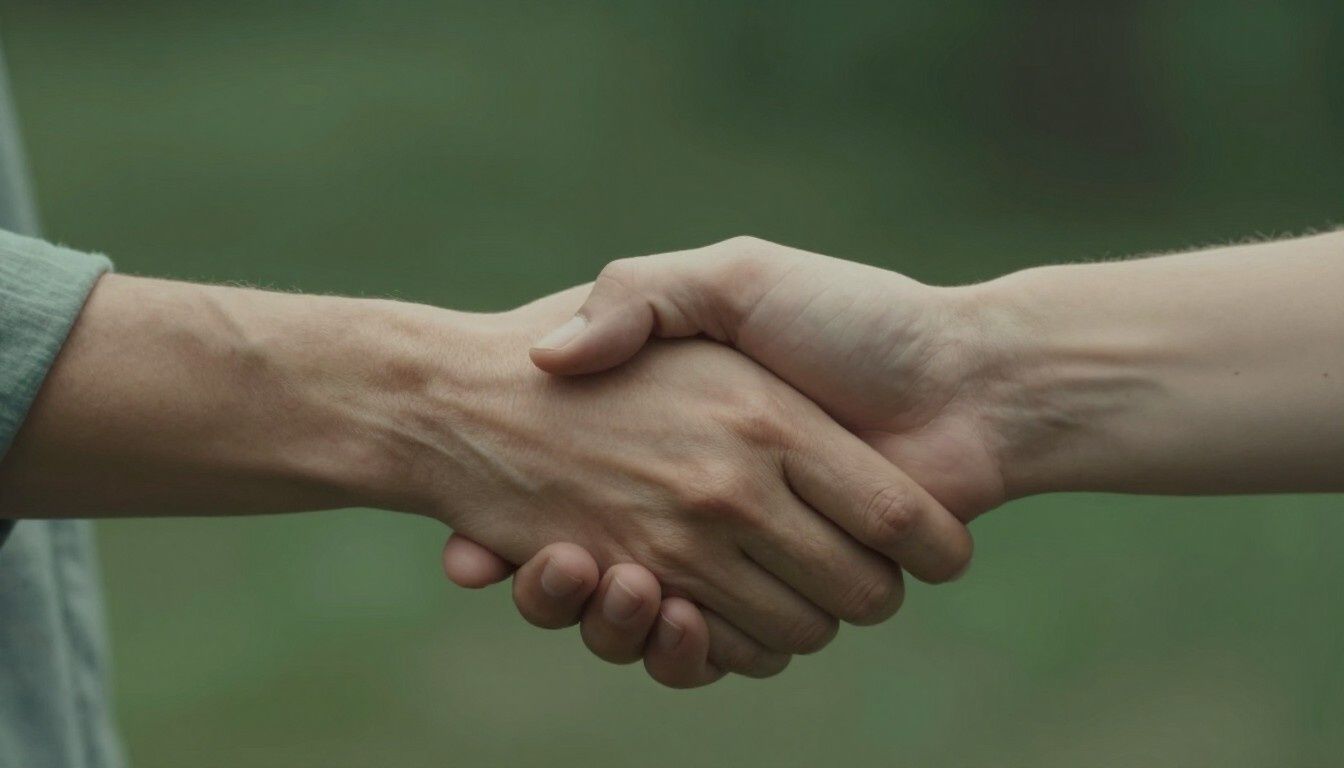 Dos personas dándose la mano, una con una manga gris, sobre un fondo verde borroso.