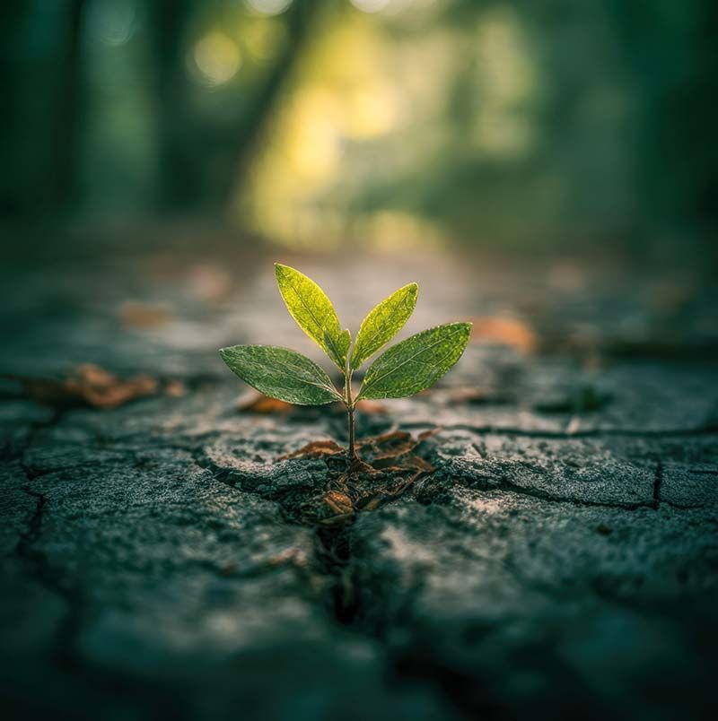 Pequeño brote verde que nace de la tierra seca y agrietada, con una suave luz de bosque al fondo